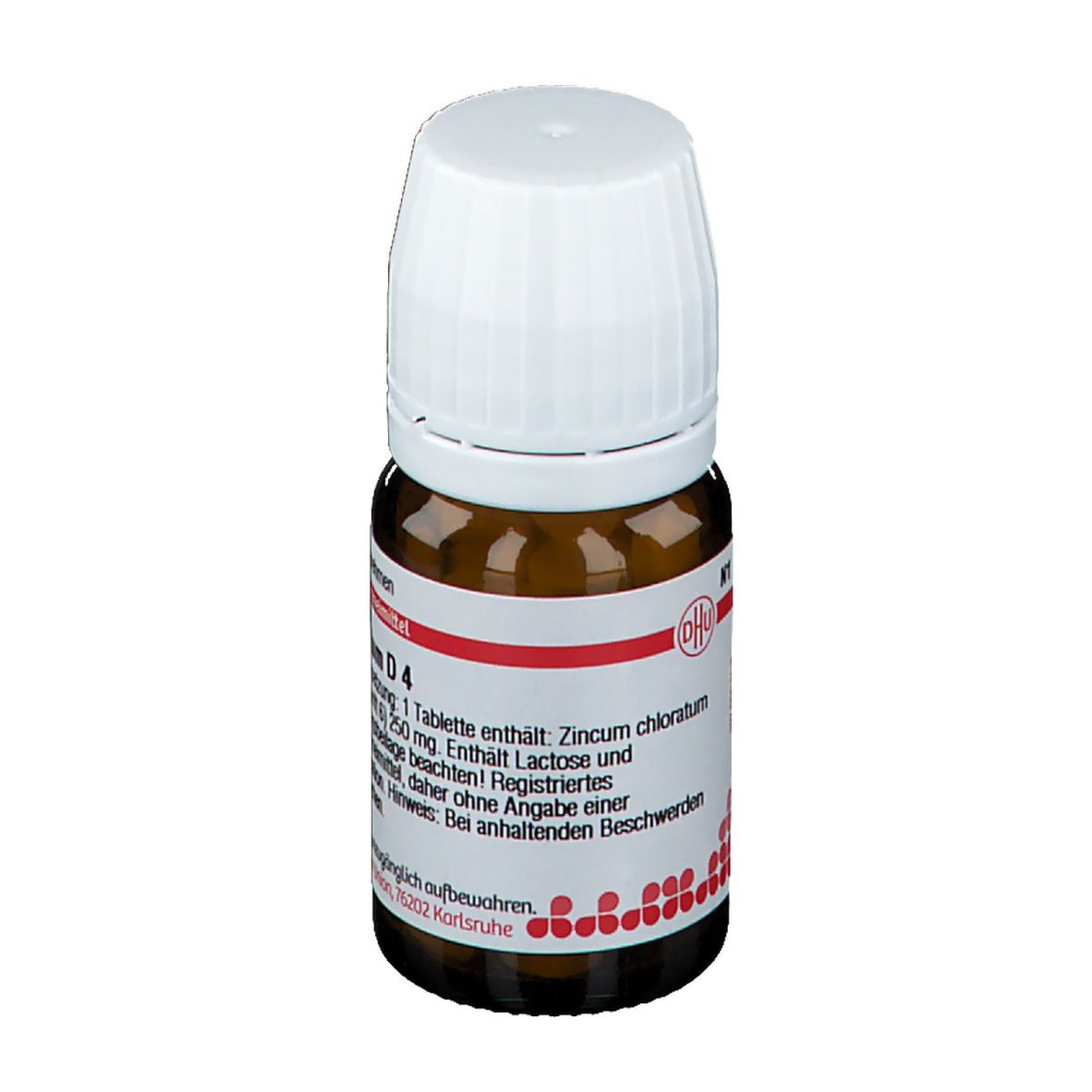 Braune Glasflasche mit weißem Deckel. Etikett mit Produktinformationen: Zincum chloratum D4. Enthält Lactose. Homöopathisches Arzneimittel.
