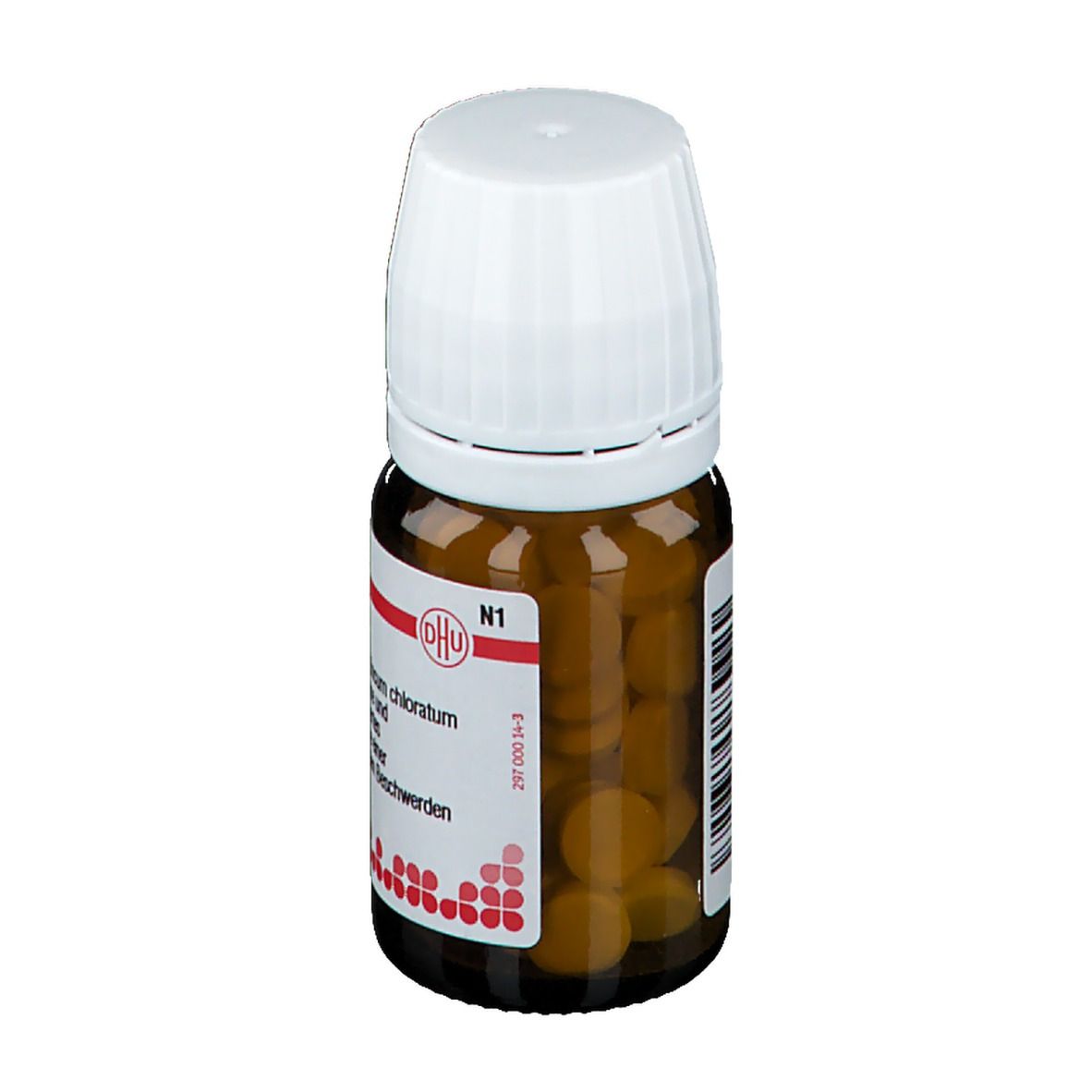 Braune Glasflasche mit weißem Deckel. Etikett mit Produktnamen: Zincum chloratum D4. N1. Homöopathisches Arzneimittel.