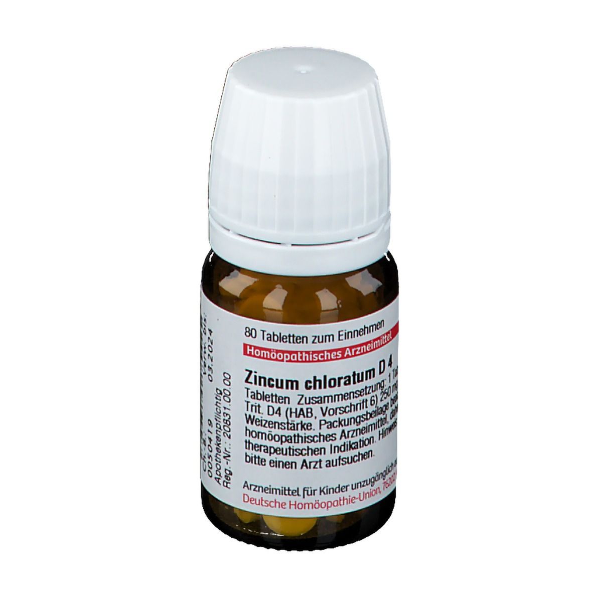Braune Glasflasche mit weißem Deckel. Etikett mit Produktinformationen: Zincum chloratum D4. 80 Tabletten. Homöopathisches Arzneimittel.