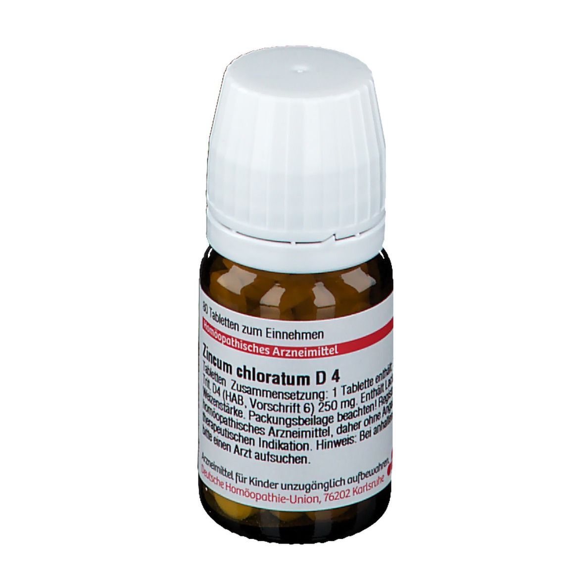 Braune Glasflasche mit weißem Deckel. Etikett mit Produktinformationen: Zincum chloratum D4. 80 Tabletten. Homöopathisches Arzneimittel.