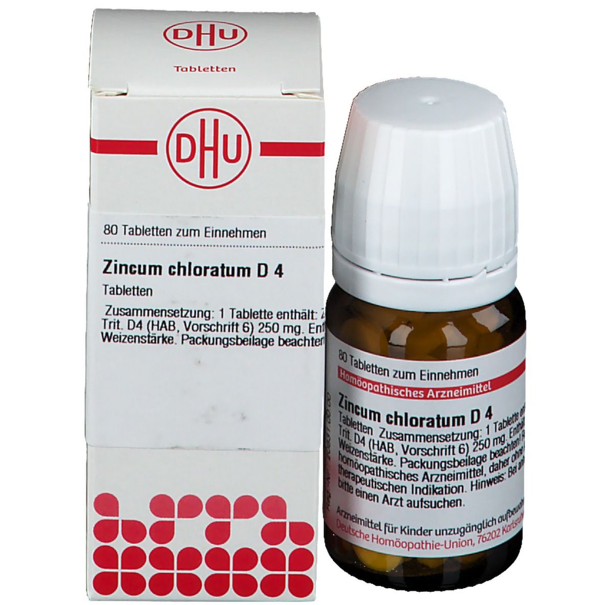 Braune Glasflasche mit weißem Deckel und Karton. Produktname: Zincum chloratum D4. 80 Tabletten. Homöopathisches Arzneimittel. DHU Logo.