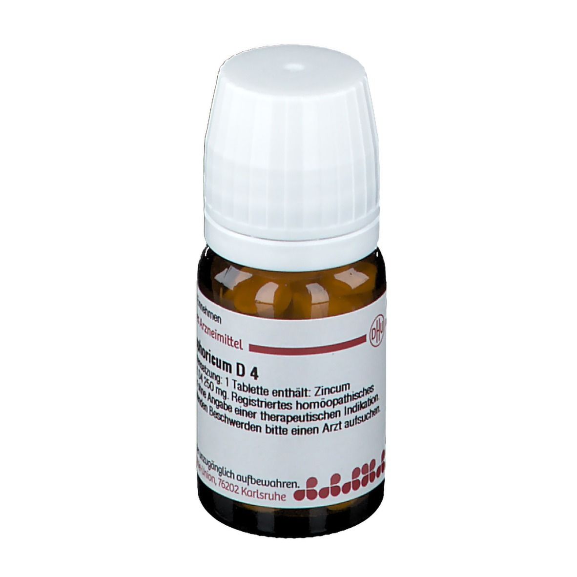 Braune Tabletten in einer braunen Glasflasche mit weißem Deckel. Beschriftung: Zincum phosphoricum D4.