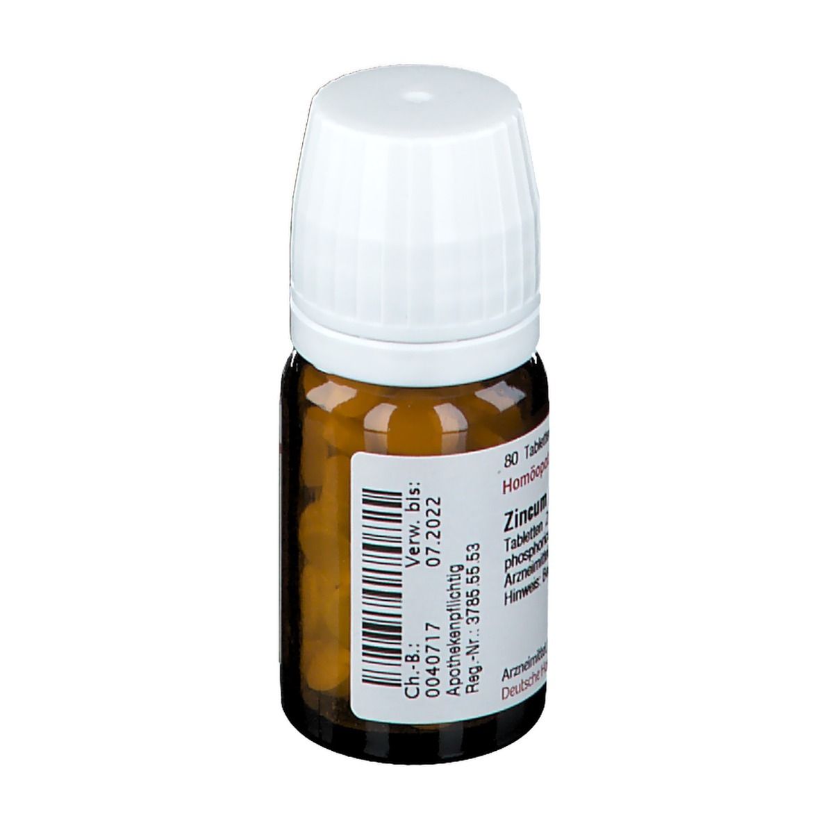 Braune Tabletten in einer braunen Glasflasche mit weißem Deckel. Aufschrift: 80 Tabletten, Verfallsdatum 07.2022.
