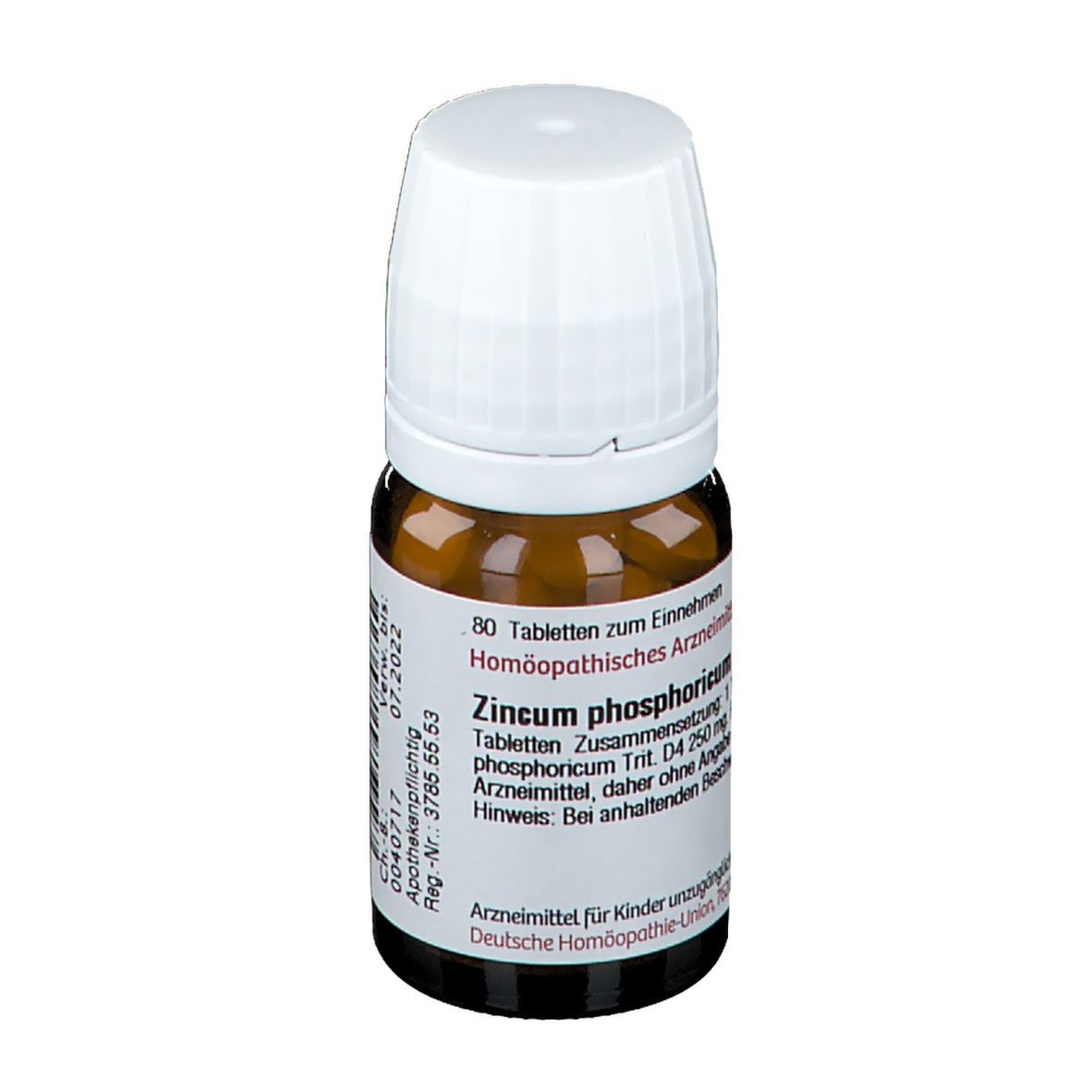 Braune Tabletten in einer braunen Glasflasche mit weißem Deckel. Aufschrift: Zincum phosphoricum D4, 80 Tabletten.