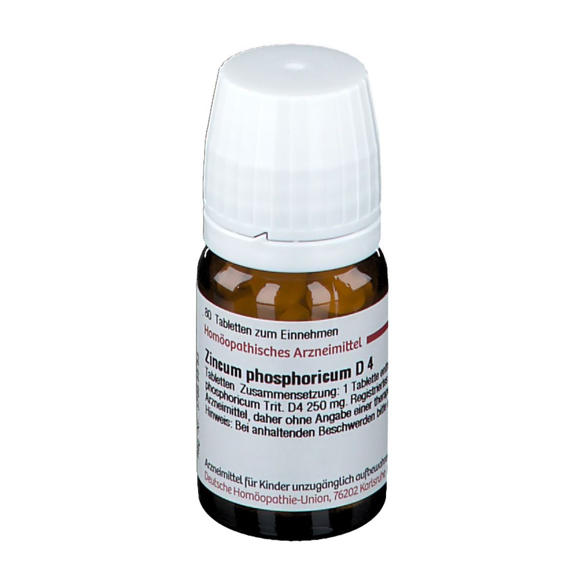 Braune Tabletten in einer braunen Glasflasche mit weißem Deckel. Aufschrift: Zincum phosphoricum D4, 80 Tabletten.