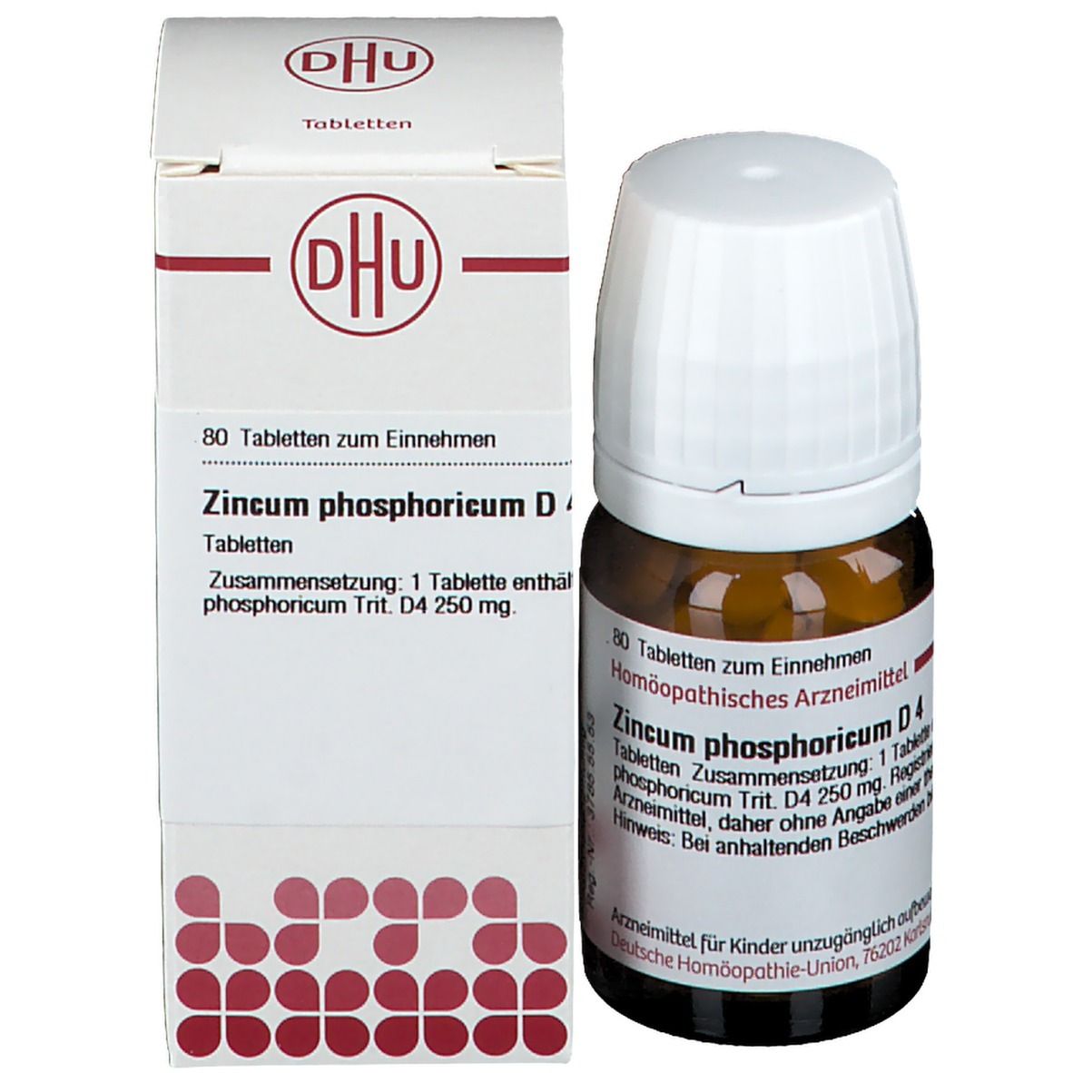 Braune Tabletten in einer braunen Glasflasche und Karton. Aufschrift: DHU, Zincum phosphoricum D4, 80 Tabletten.