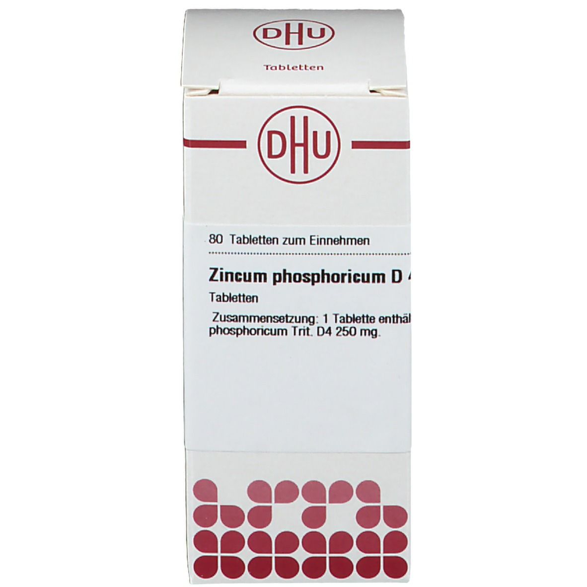 Karton mit Aufschrift: DHU, Zincum phosphoricum D4, 80 Tabletten.