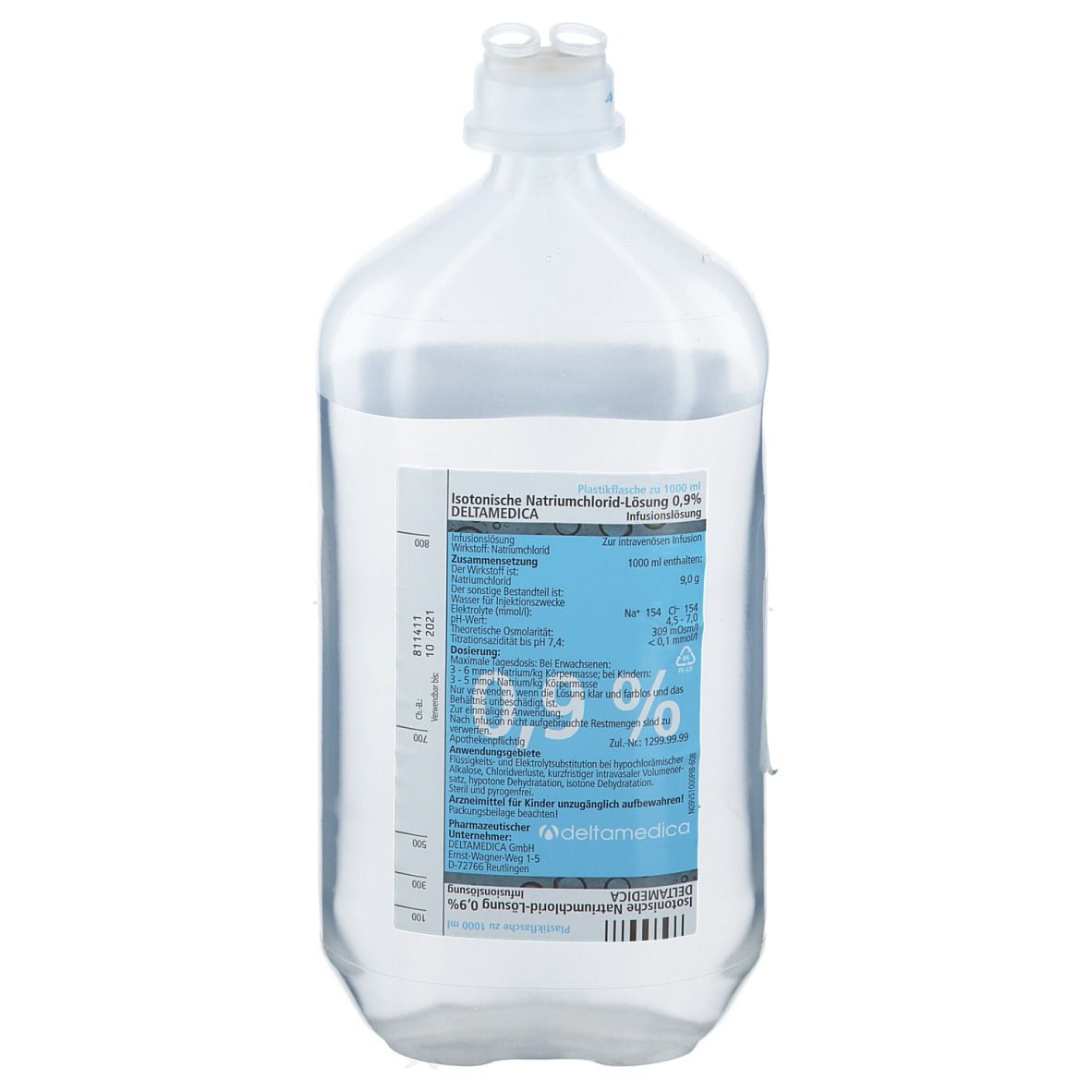 Transparente Infusionsflasche mit blauer Etikettierung. Aufschrift: 0,9%. Hersteller: deltamedica.
