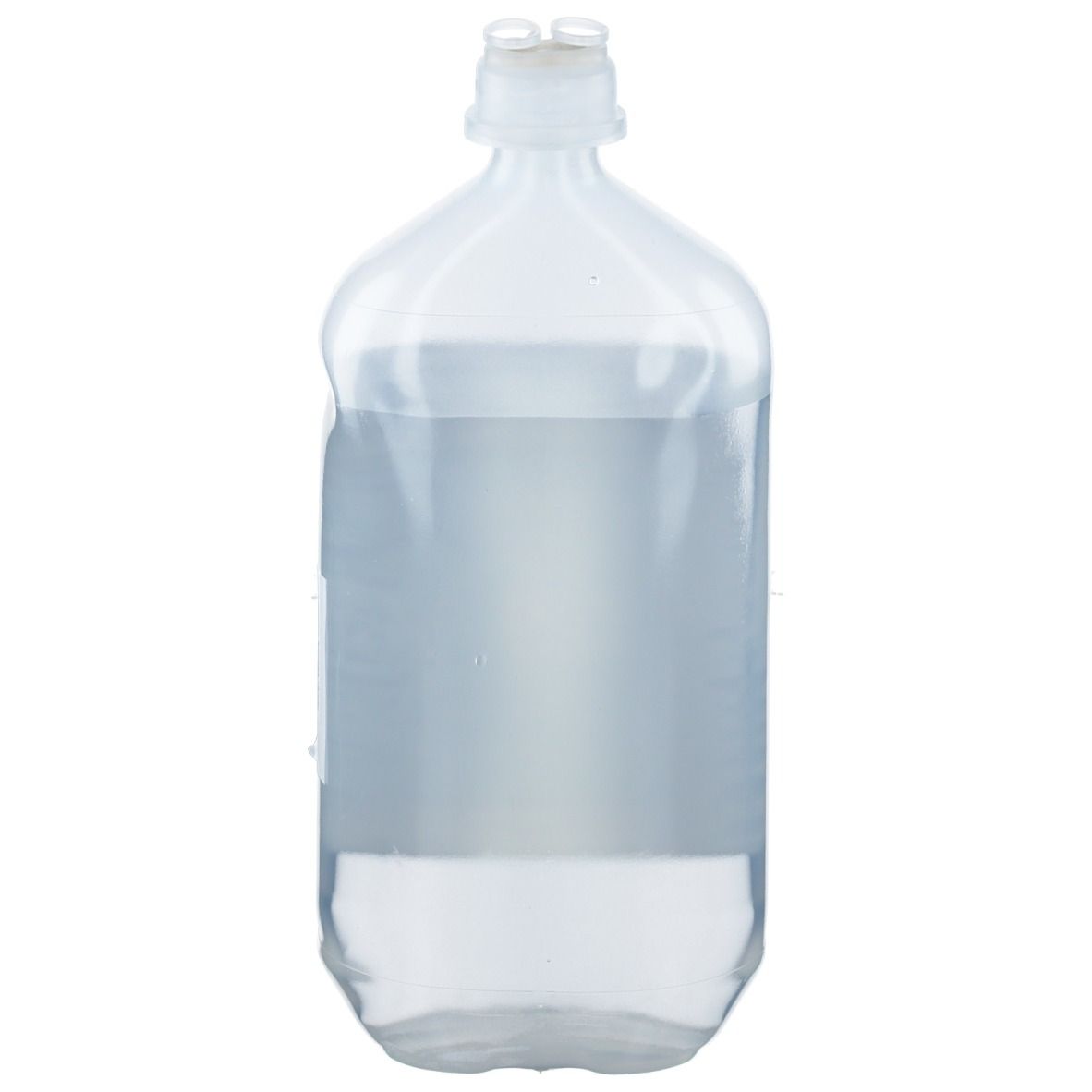 Transparente Infusionsflasche, gefüllt mit Flüssigkeit. Der Flaschenhals hat zwei Öffnungen.