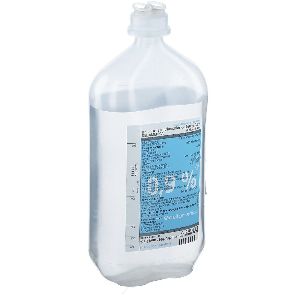 Transparente Infusionsflasche mit blauer Etikettierung. Aufschrift: 0,9%. Hersteller: deltamedica.