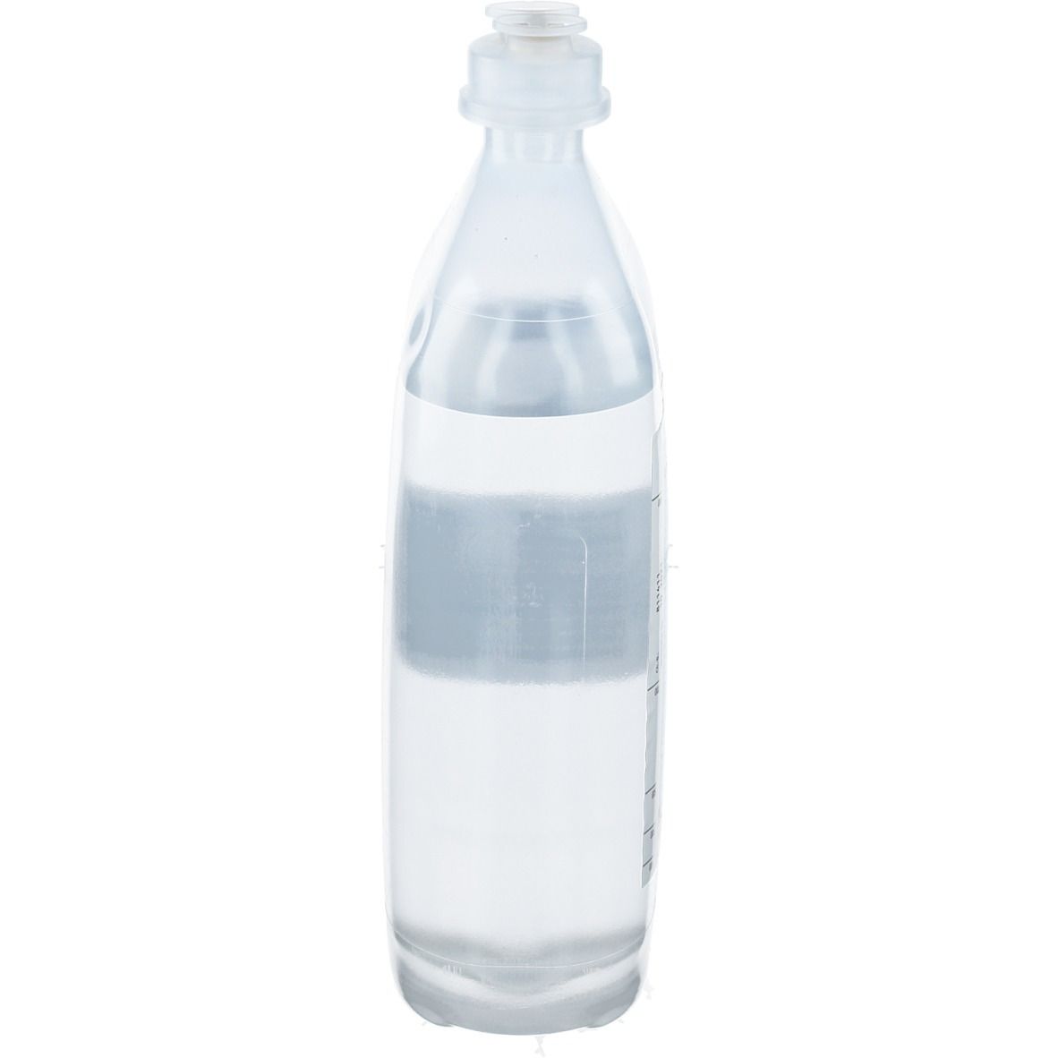Transparente Infusionsflasche, gefüllt mit Flüssigkeit. Der Flaschenhals hat zwei Öffnungen.