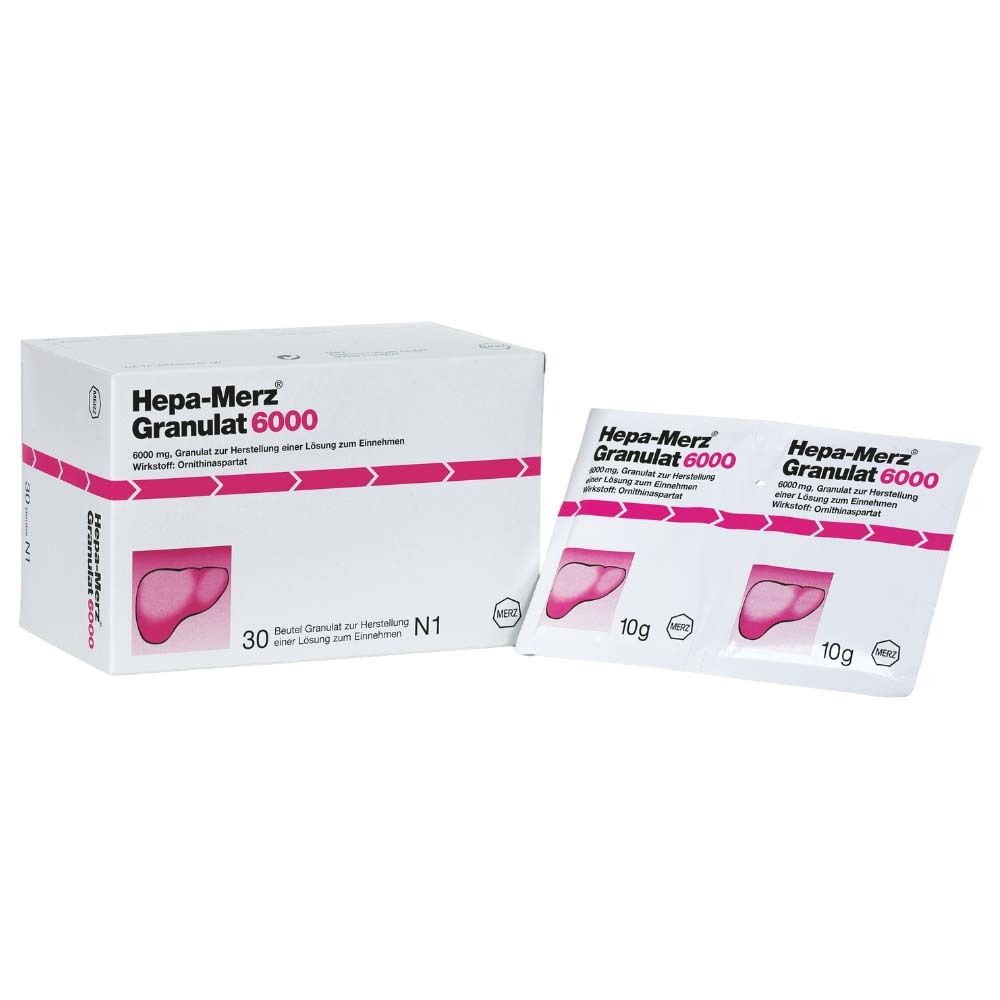 Hepa-Merz Granulat 6000 Packung mit Beuteln. Weiße Schachtel und einzelne Beutel mit Produktinformationen.