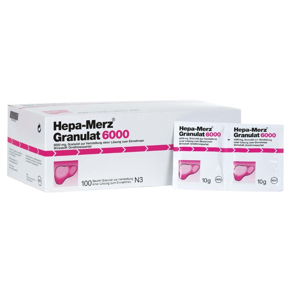 Weiße Schachtel mit rosa Akzenten und zwei Beuteln. Aufschrift: Hepa-Merz Granulat 6000.