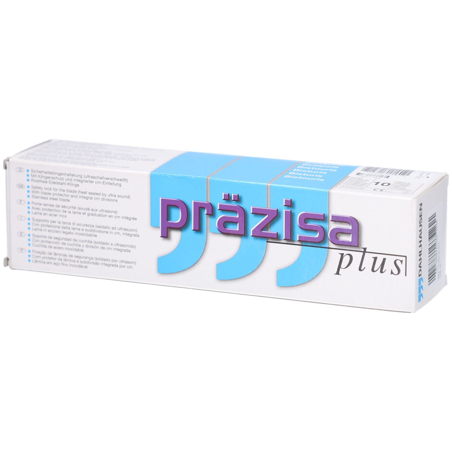 Verpackung von Präzisa plus. Weißer Karton mit blauem Streifen und lila Schriftzug. Enthält Informationen und Produktnamen.