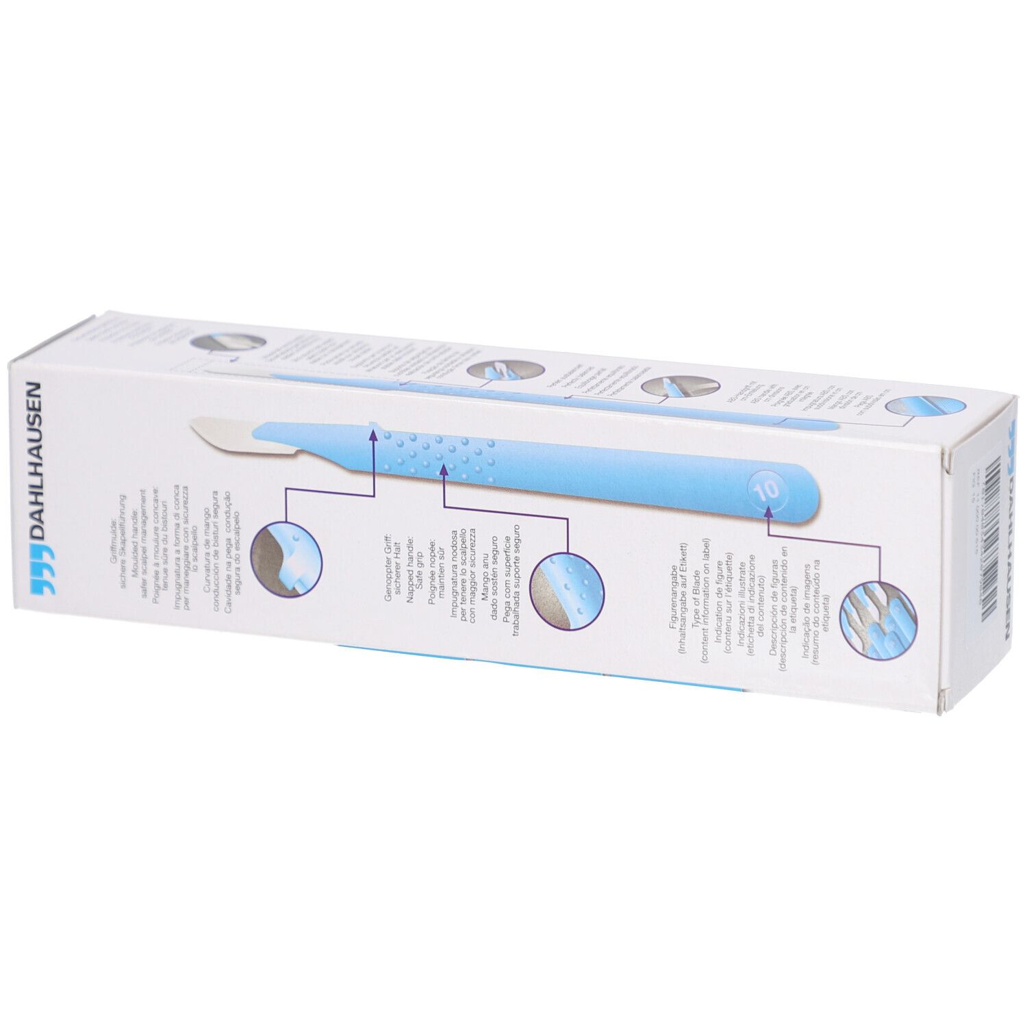 Rückseite der Präzisa plus Verpackung. Weißer Karton mit blauer Abbildung eines Skalpells. Produktinformationen.
