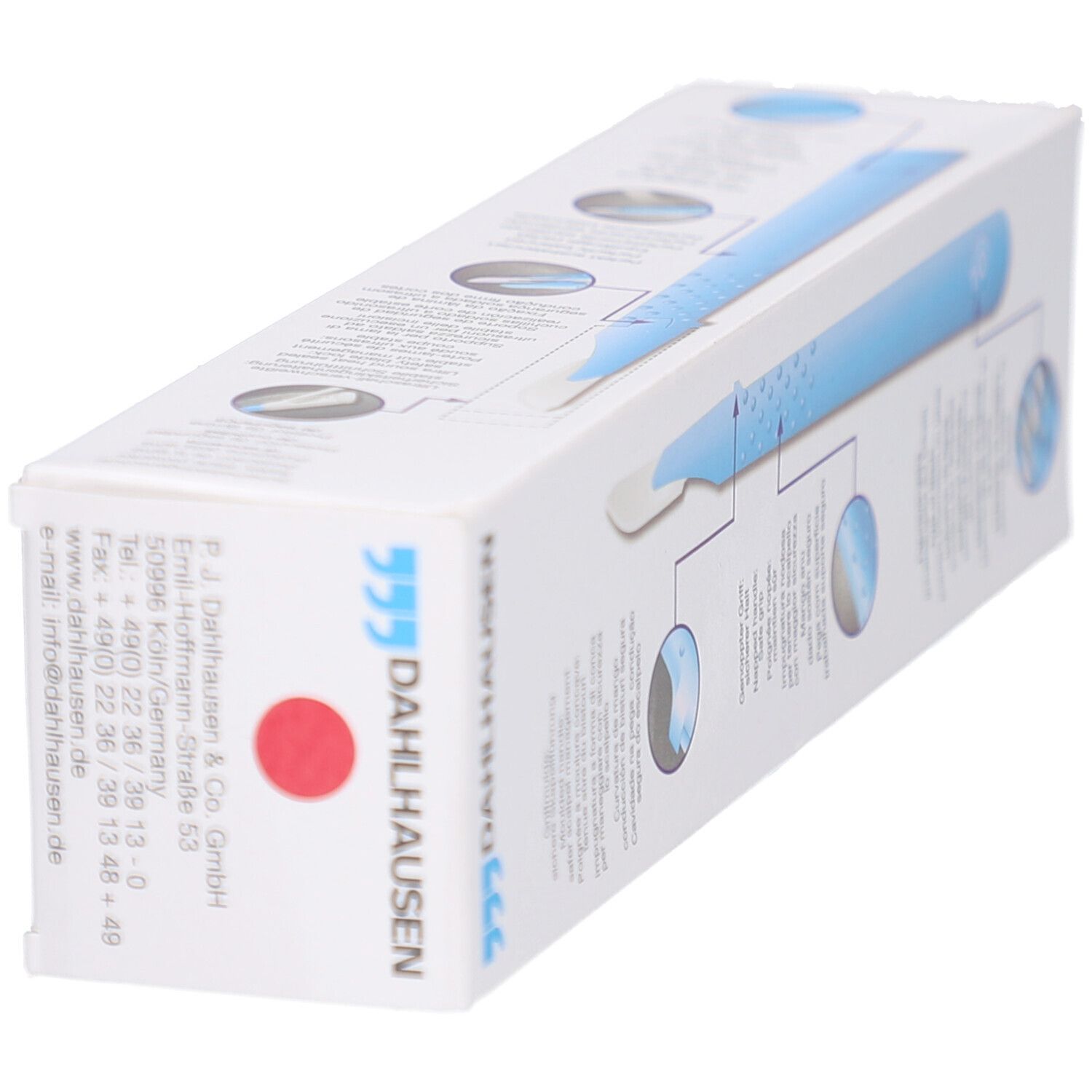 Seitenansicht der Präzisa plus Verpackung. Weißer Karton mit blauer Abbildung eines Skalpells. Roter Punkt.
