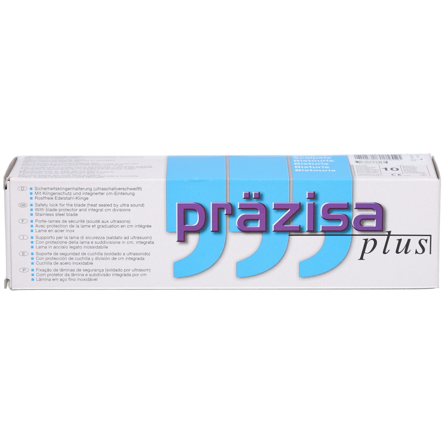 Präzisa plus Verpackung. Weißer Karton mit blauem Streifen und lila Schriftzug. Enthält Informationen und Produktnamen.