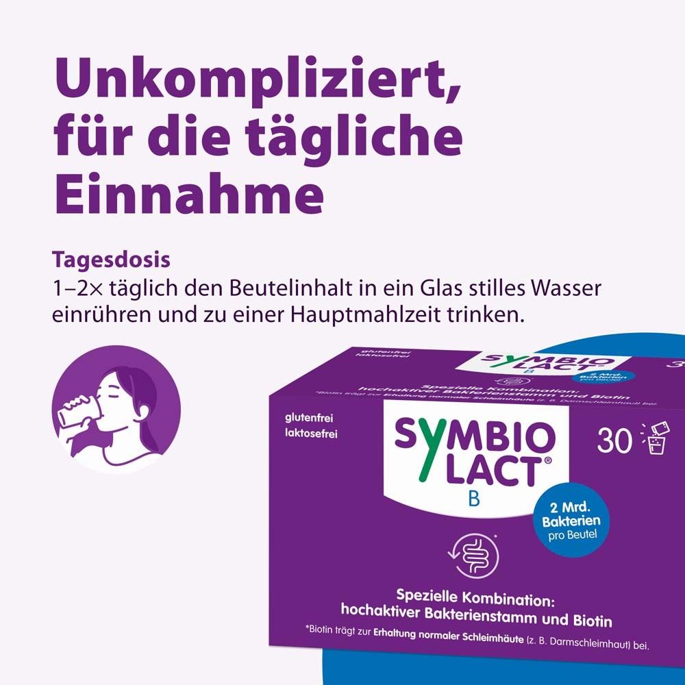 Lila Hintergrund mit Text und SymbioLact B Schachtel. Text: Unkompliziert, für die tägliche Einnahme. 30 Beutel.
