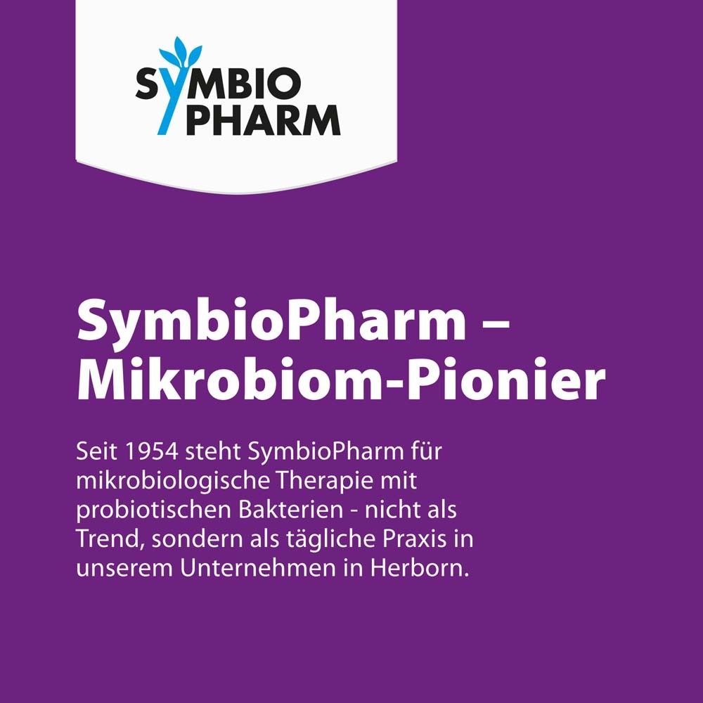 Logo SymbioPharm auf lila Hintergrund. Text: SymbioPharm - Mikrobiom-Pionier. Seit 1954.