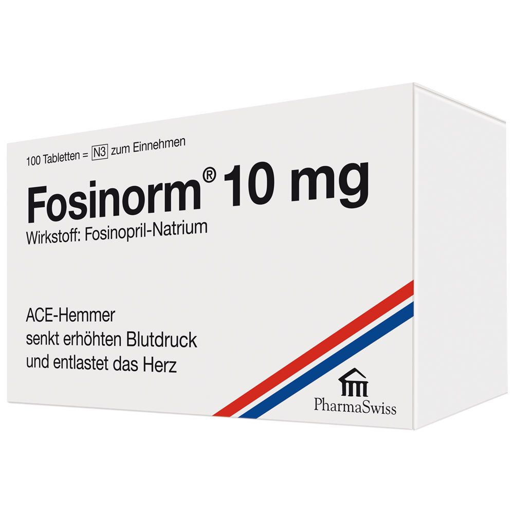 Fosinorm 10 mg Tabletten-Packung. Weiße Schachtel mit rotem und blauem Streifen. Text: Fosinorm 10 mg, PharmaSwiss.