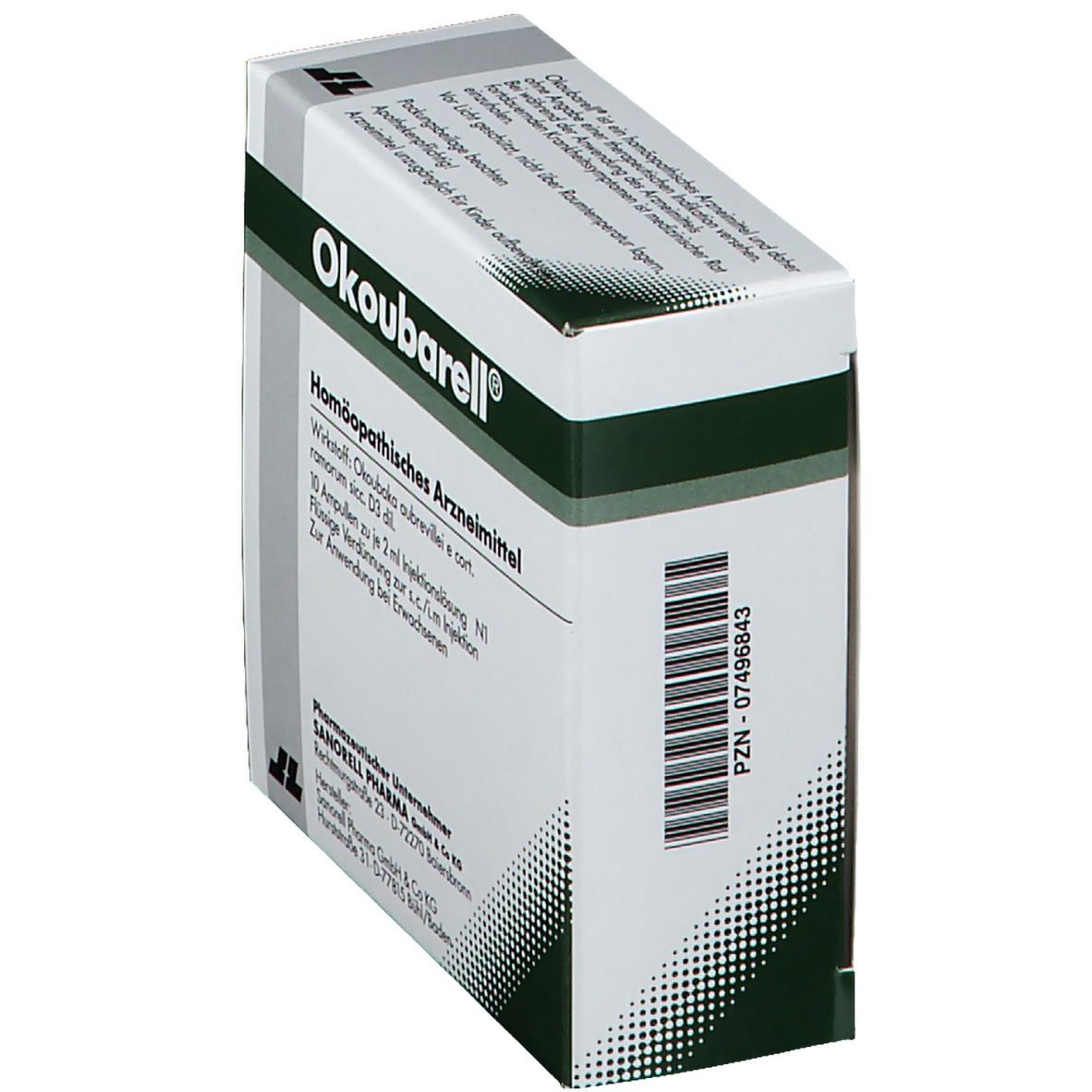 Schräg gestellte Verpackung von Okoubarell Ampullen. Grün-weiße Schachtel mit Produktinformationen und Barcode.