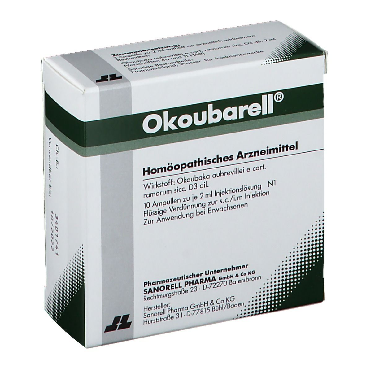 Karton mit Okoubarell Ampullen. Grün-weiße Verpackung mit Produktnamen und Inhaltsangaben. Homöopathisches Arzneimittel.