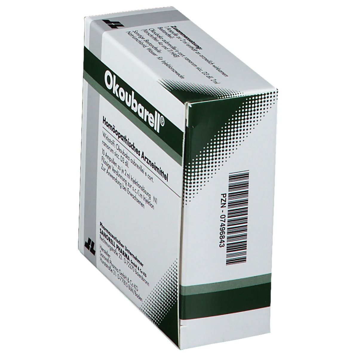 Schräg gestellte Verpackung von Okoubarell Ampullen. Grün-weiße Schachtel mit Produktinformationen und Barcode.