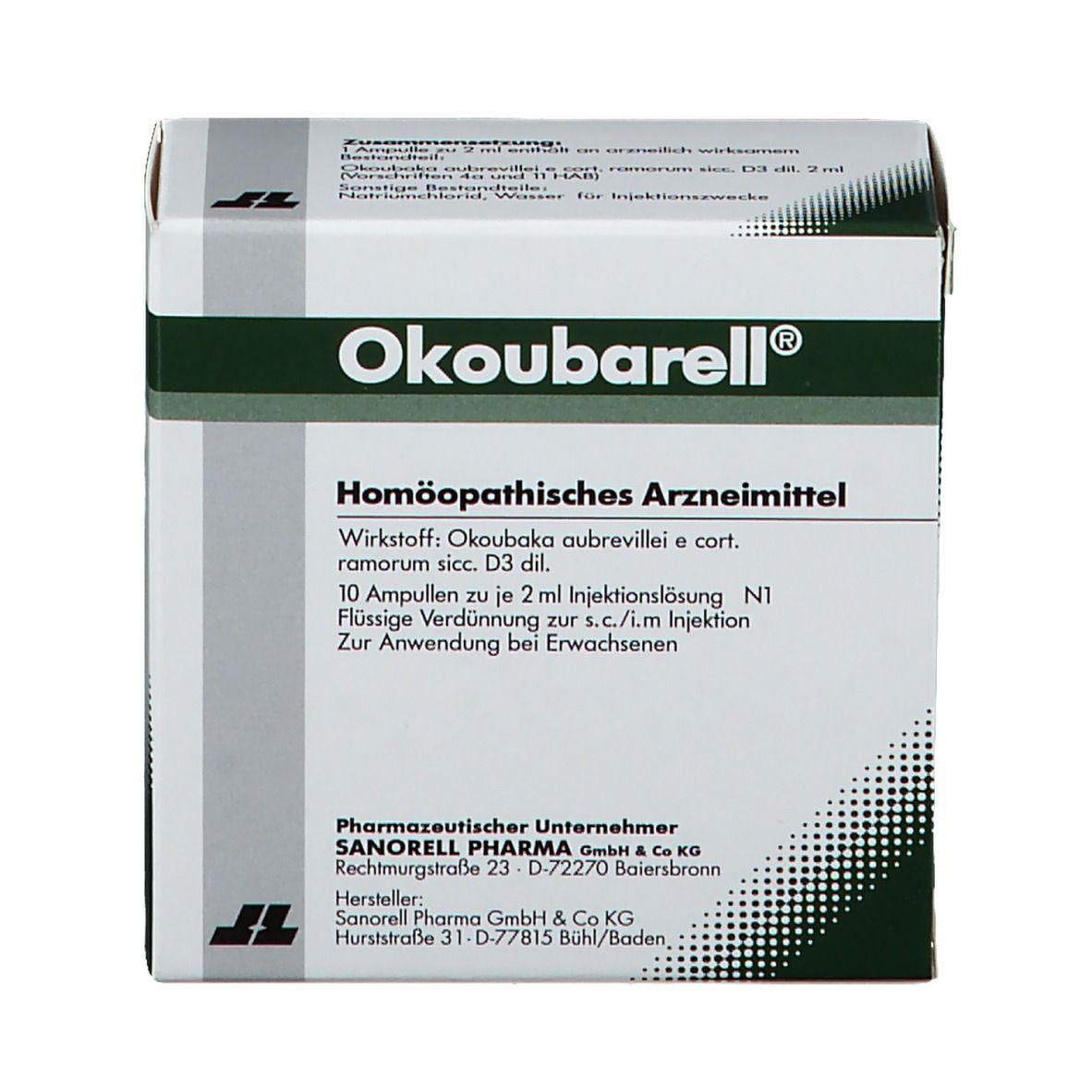 Nahaufnahme der Okoubarell Ampullen Verpackung. Grün-weiße Schachtel mit Produktnamen und Inhaltsangaben.