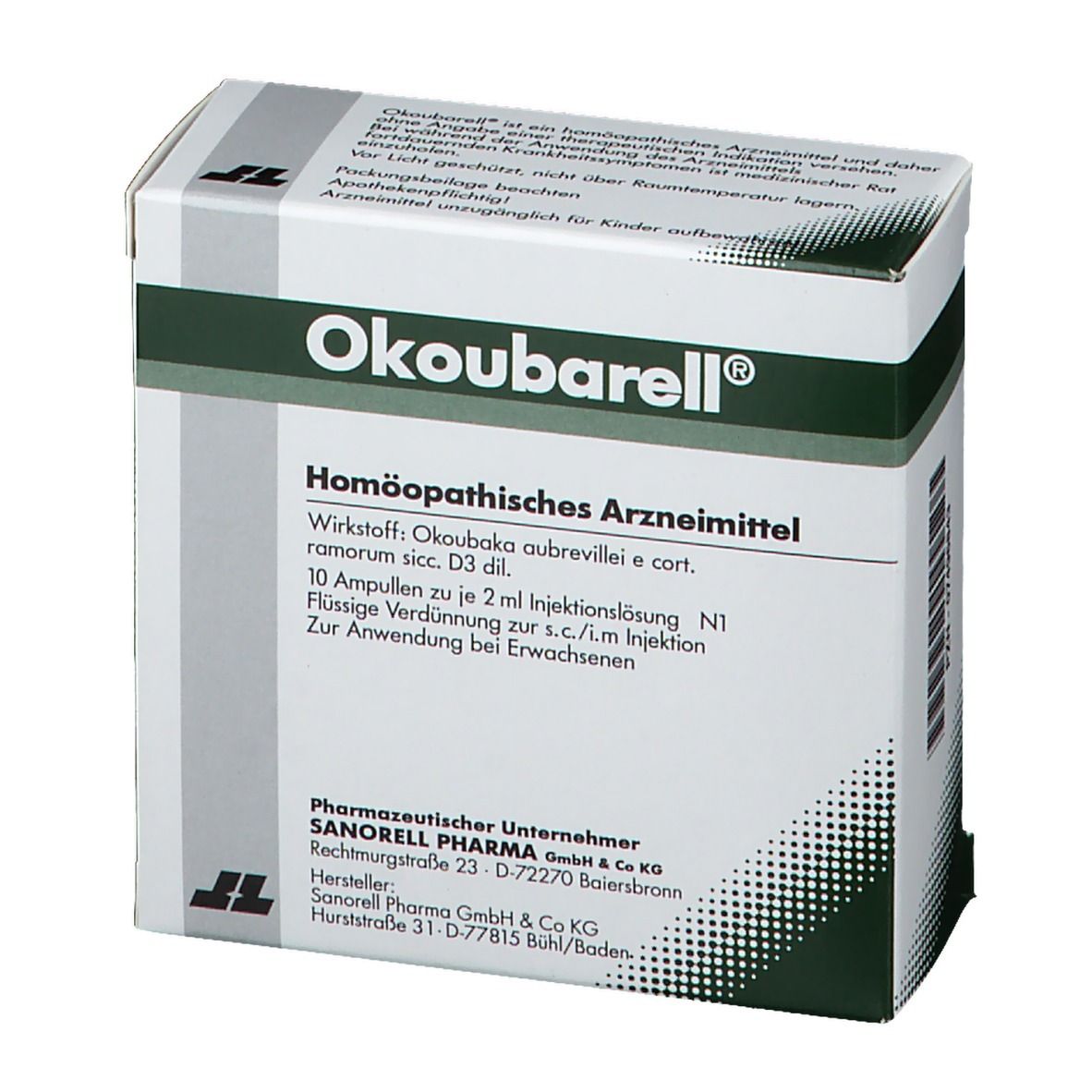 Karton mit Okoubarell Ampullen. Grün-weiße Verpackung mit Produktnamen und Inhaltsangaben. Homöopathisches Arzneimittel.