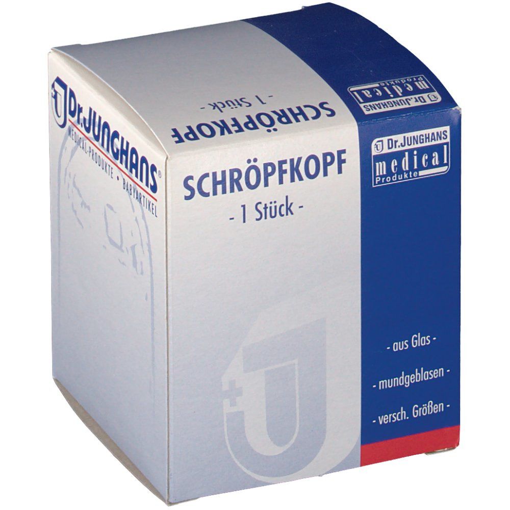 Schröpfkopf-Verpackung. Blau-weißer Karton mit Produktname und Logo. 1 Stück.