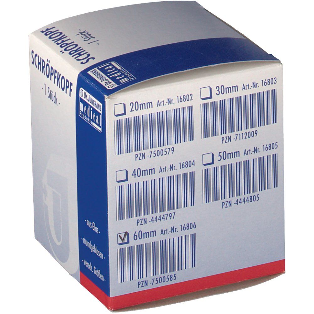 Schröpfkopf-Verpackung. Blau-weißer Karton mit Produktname und Logo. Größenangaben und Barcodes. 1 Stück.