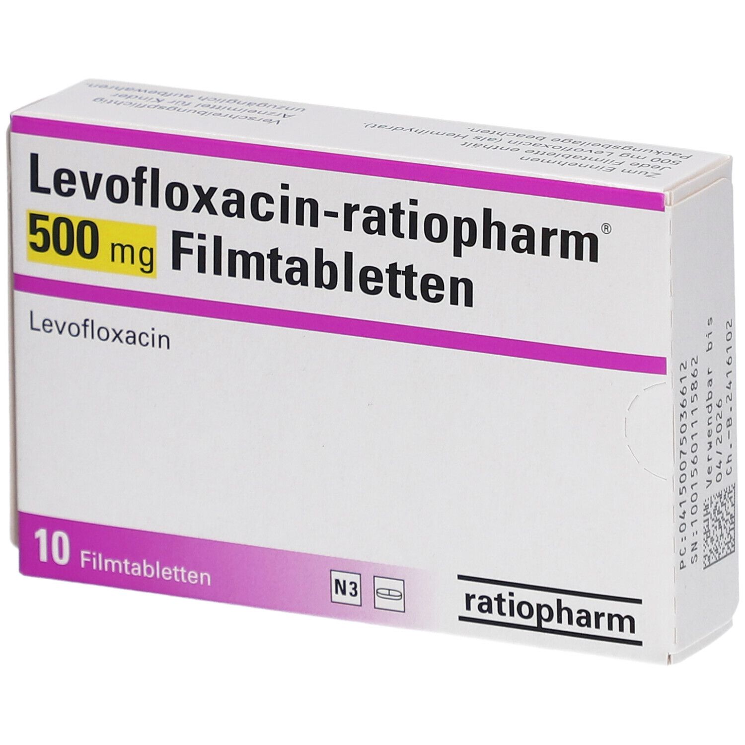 Schachtel "Levofloxacin-ratiopharm 500 mg Filmtabletten". 10 Tabletten. Marke: ratiopharm. Weiße und lila Verpackung. Informationen auf der Seite.