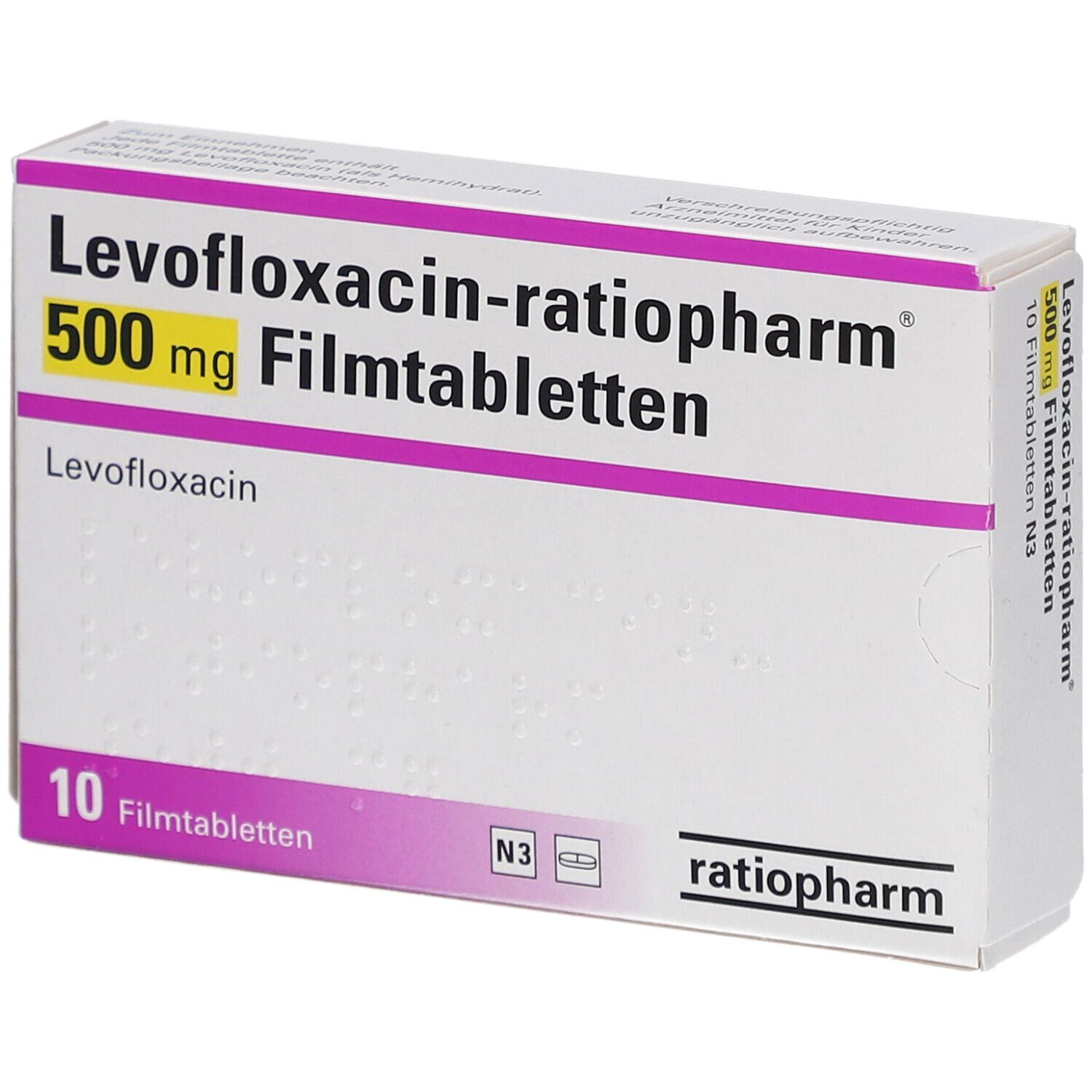 Schachtel "Levofloxacin-ratiopharm 500 mg Filmtabletten". 10 Tabletten. Marke: ratiopharm. Weiße und lila Verpackung. Ansicht von der Seite.