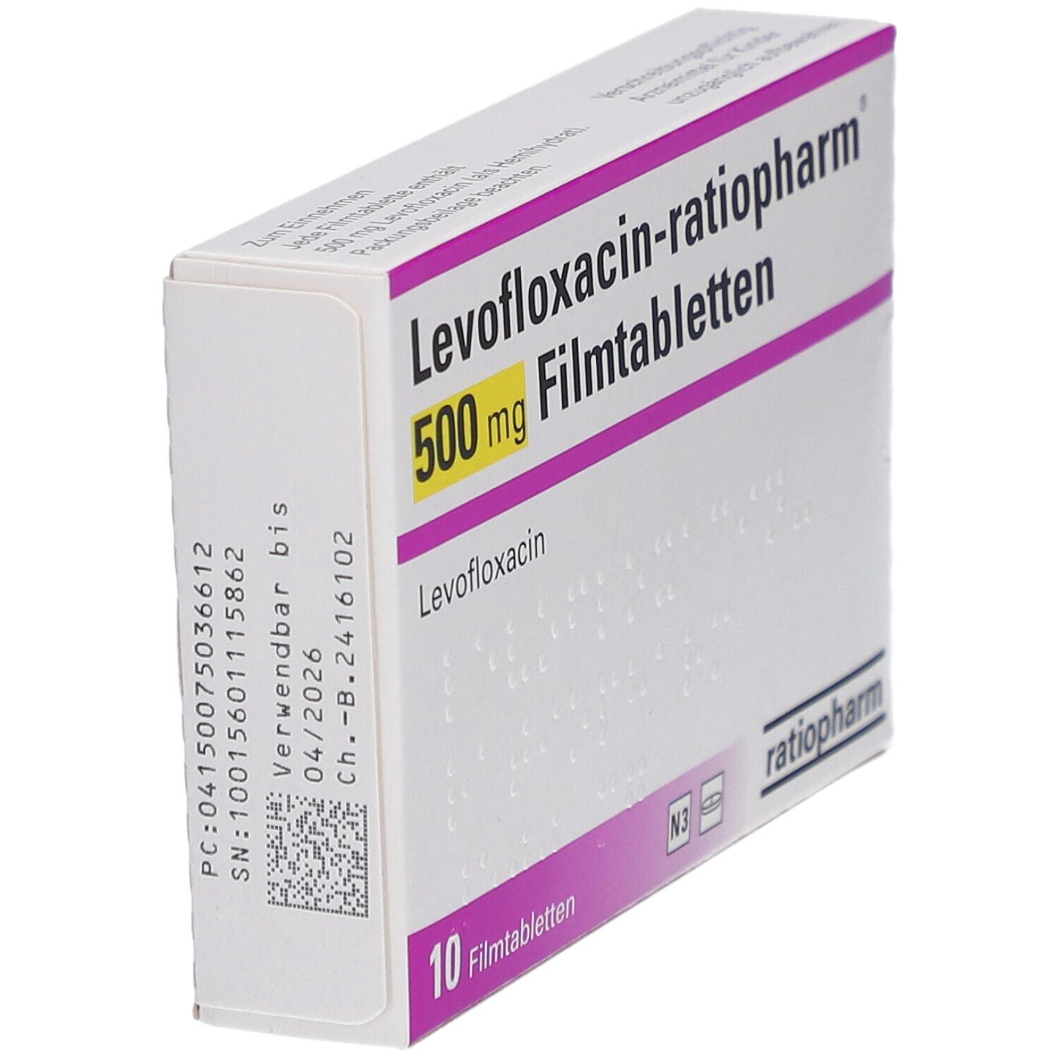 Schachtel "Levofloxacin-ratiopharm 500 mg Filmtabletten". 10 Tabletten. Marke: ratiopharm. Weiße und lila Verpackung. Ansicht von der Seite.