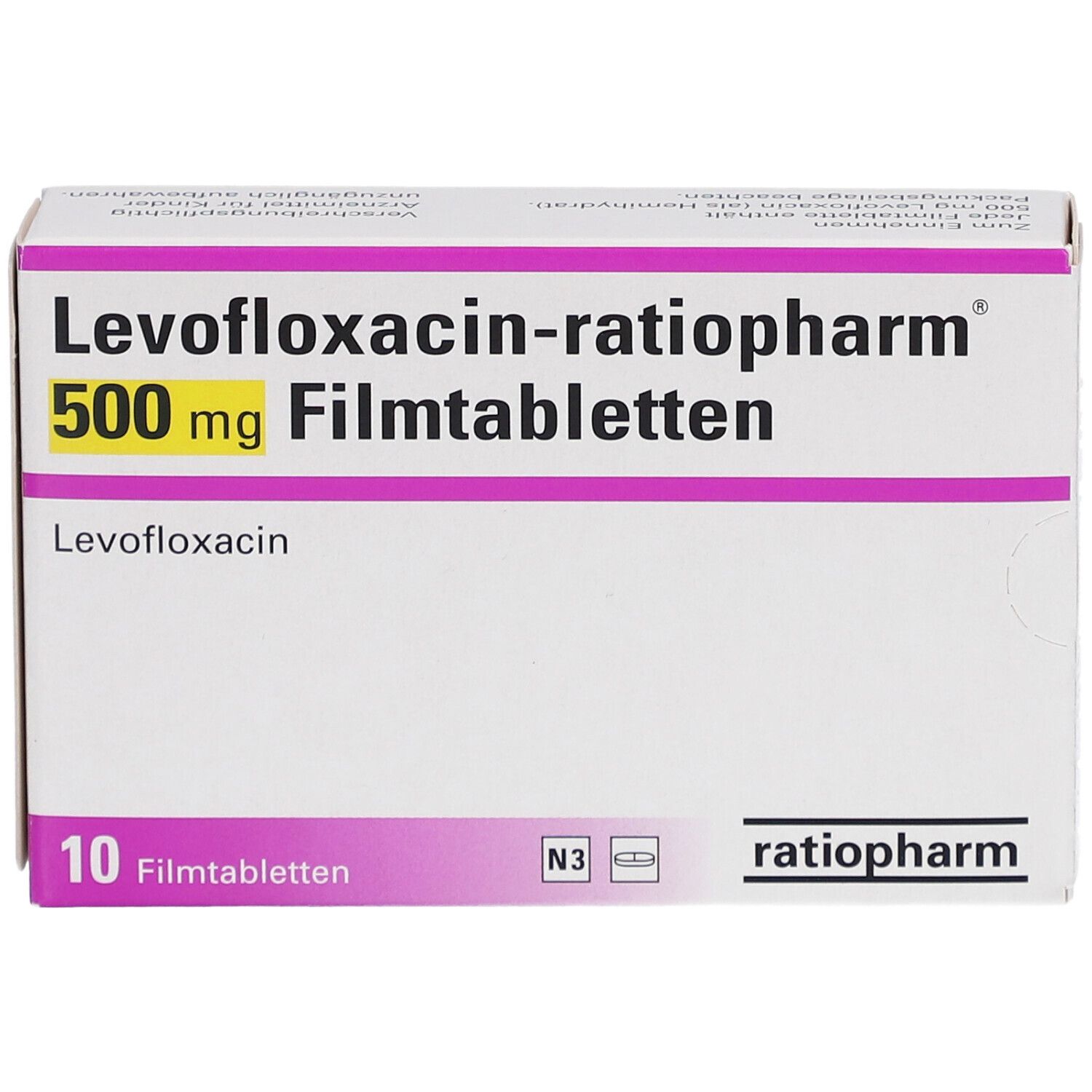 Schachtel "Levofloxacin-ratiopharm 500 mg Filmtabletten". 10 Tabletten. Marke: ratiopharm. Weiße und lila Verpackung. Ansicht von der Seite.