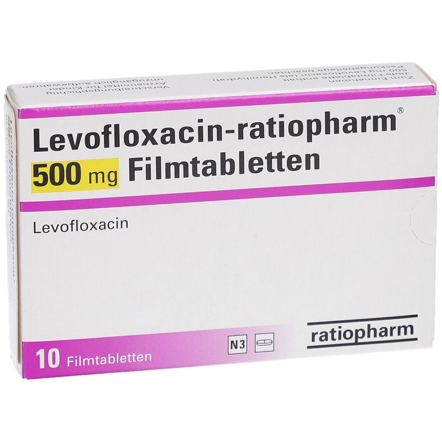Schachtel "Levofloxacin-ratiopharm 500 mg Filmtabletten". 10 Tabletten. Marke: ratiopharm. Weiße und lila Verpackung. Ansicht von der Seite.