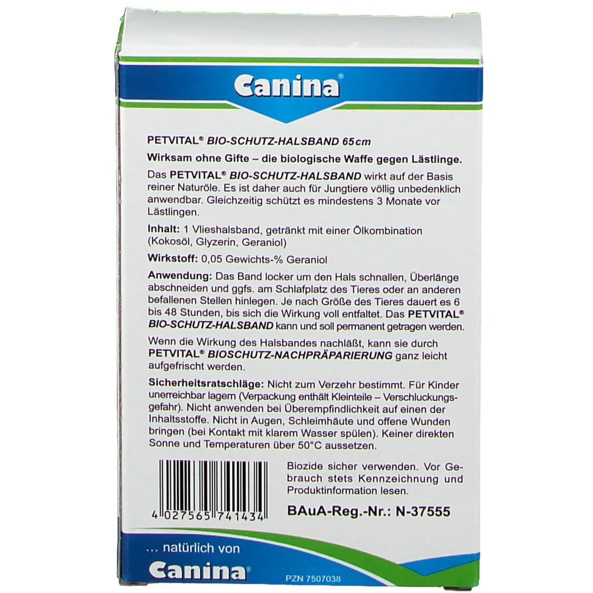 Rückseite der Verpackung. Text: PETVITAL Bio-Schutzhalsband 65 cm. Inhalts- und Anwendungshinweise. Sicherheitsratschläge.