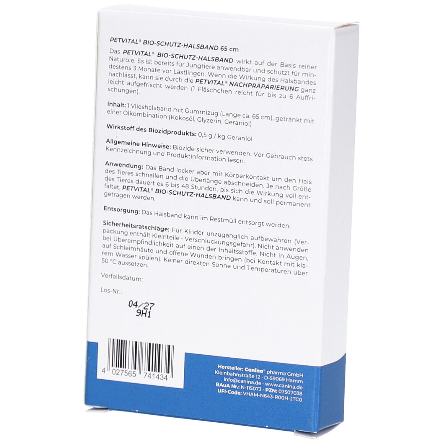 Rückseite der Verpackung von Canina PETVITAL Bio-Schutzhalsband. Textinformationen und Barcode.