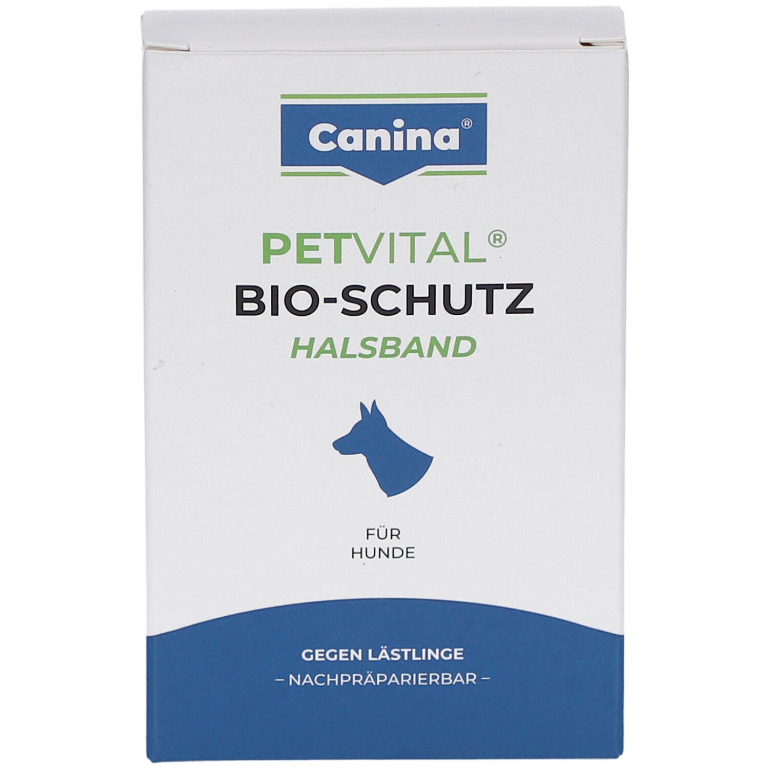 Verpackung von Canina PETVITAL Bio-Schutzhalsband. Logo, Produktname und Hunde-Silhouette.