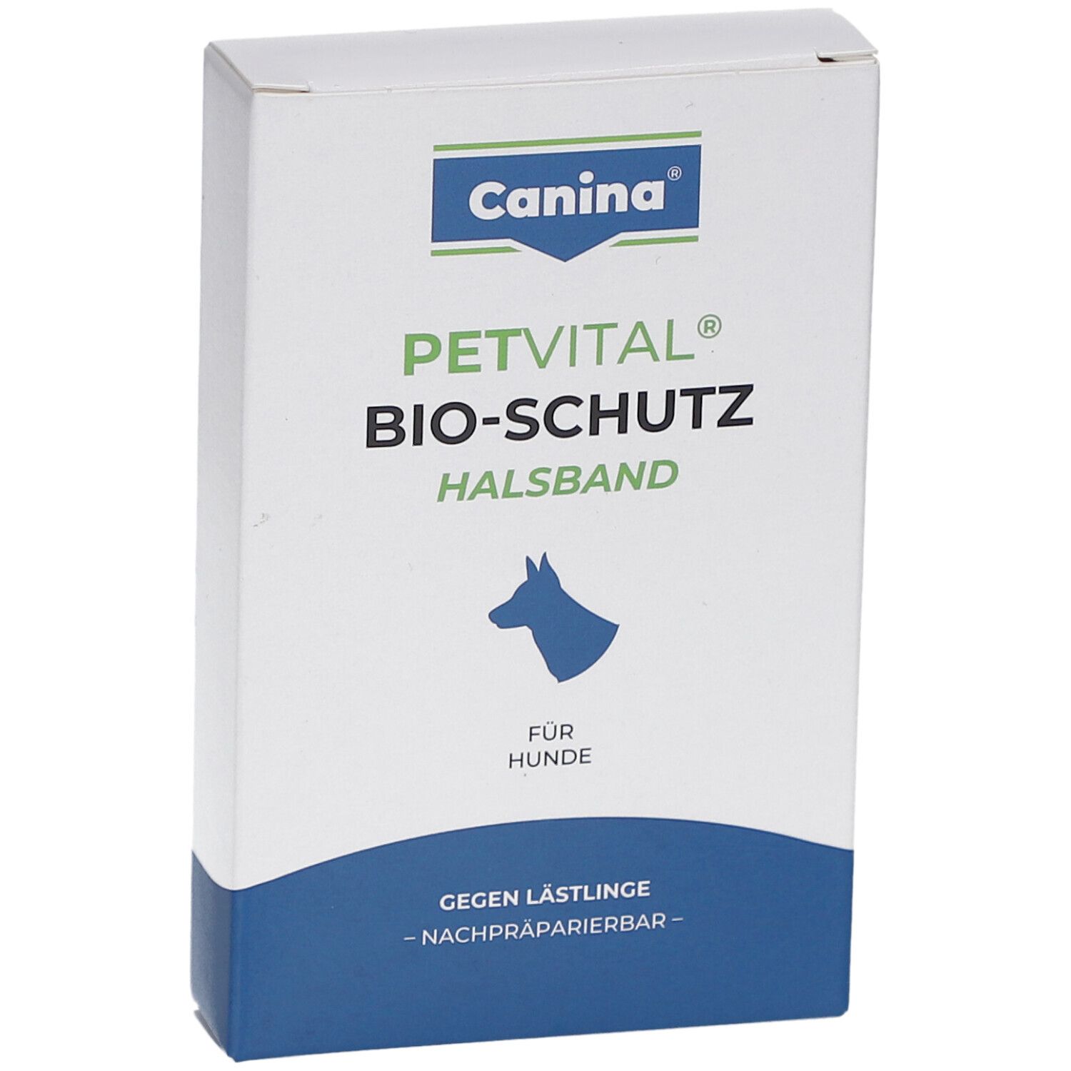 Verpackung von Canina PETVITAL Bio-Schutzhalsband. Logo, Produktname und Hunde-Silhouette.