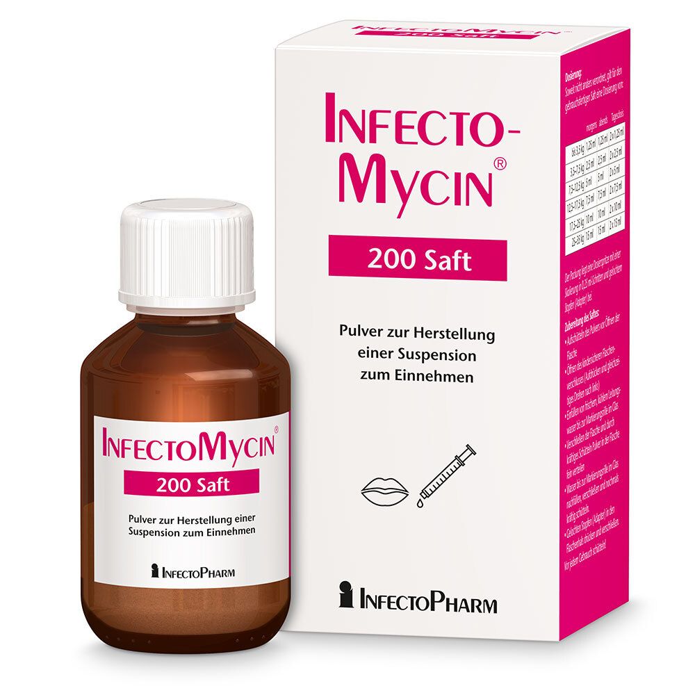 Braune Flasche und Karton mit Aufschrift InfectoMycin 200 Saft. Flasche mit weißem Deckel. Karton mit Produktinformationen.
