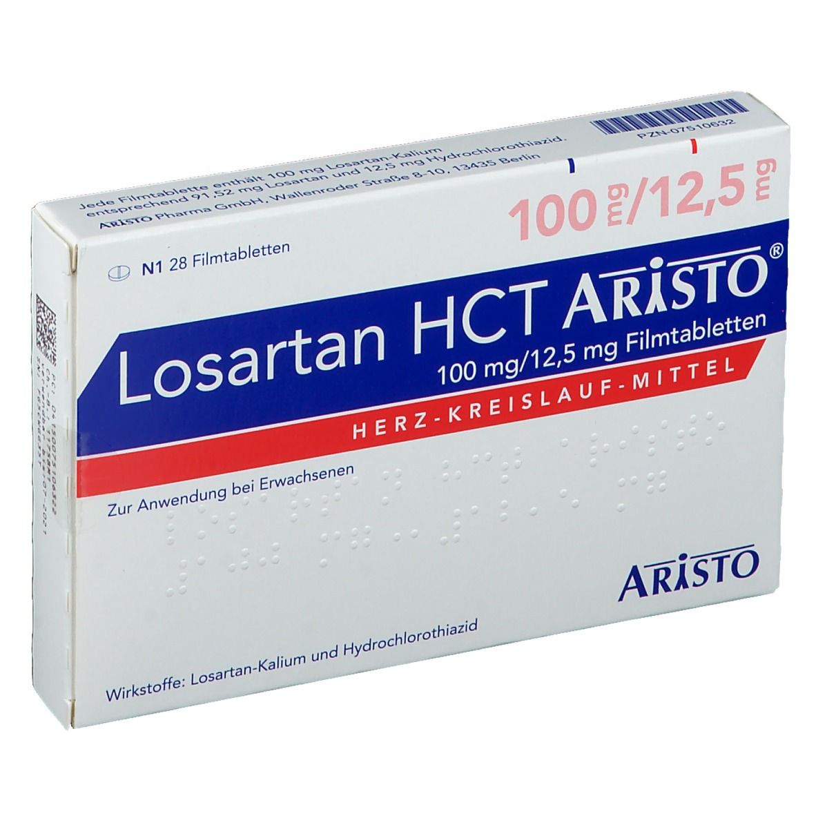 Schachtel mit Losartan HCT Aristo® 100mg/12,5mg Filmtabletten. Aufschrift: Losartan HCT Aristo®, 100 mg/12,5 mg. Rote und blaue Akzente.