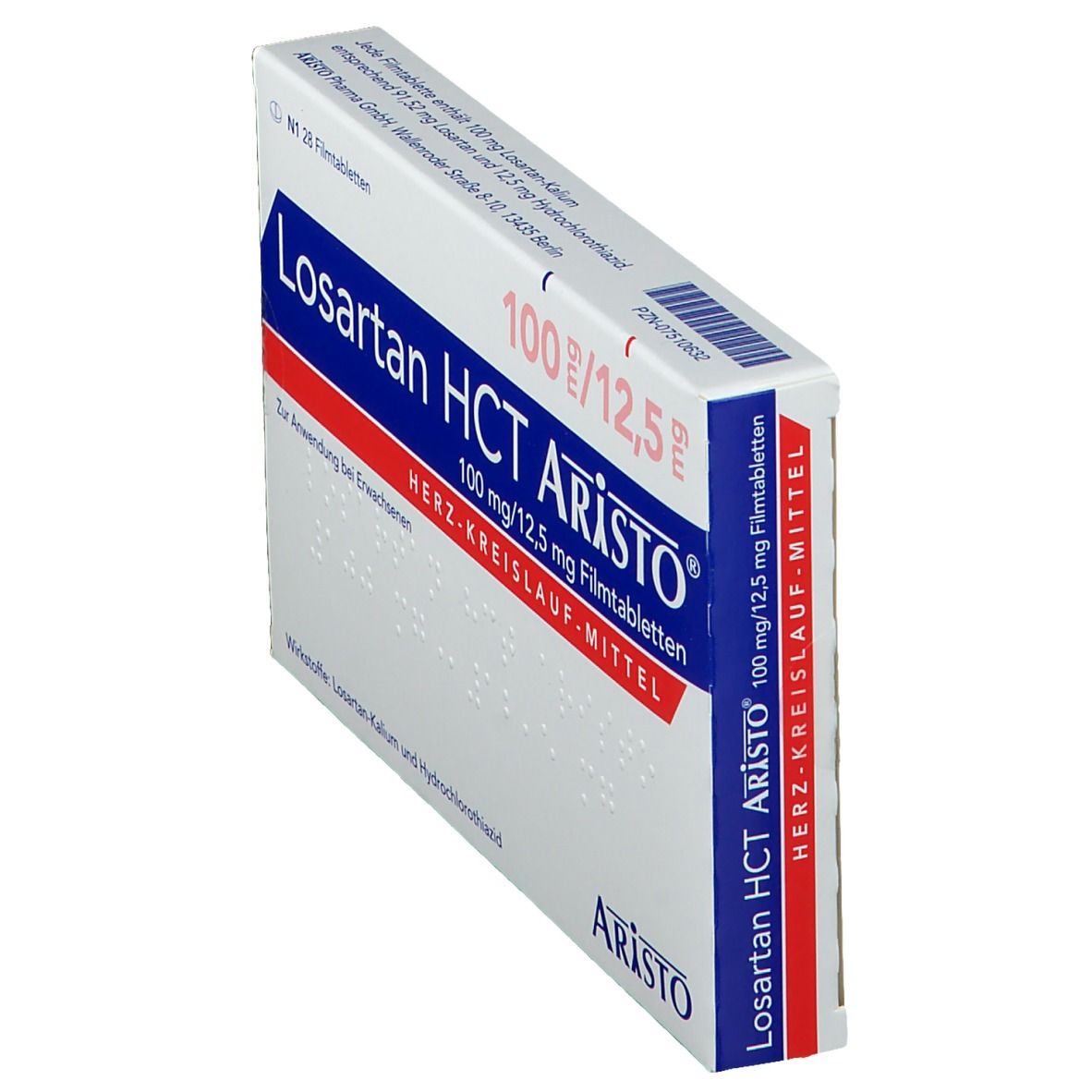 Schachtel Losartan HCT Aristo® 100mg/12,5mg. Aufschrift: Losartan HCT Aristo®, 100 mg/12,5 mg. Rote und blaue Akzente. Perspektivische Ansicht.