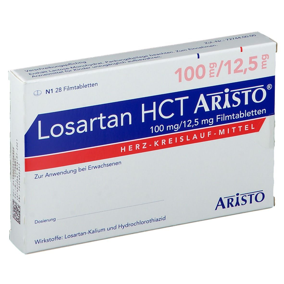 Schachtel Losartan HCT Aristo® 100mg/12,5mg Filmtabletten. Aufschrift: Losartan HCT Aristo®, 100 mg/12,5 mg. Rote und blaue Akzente.