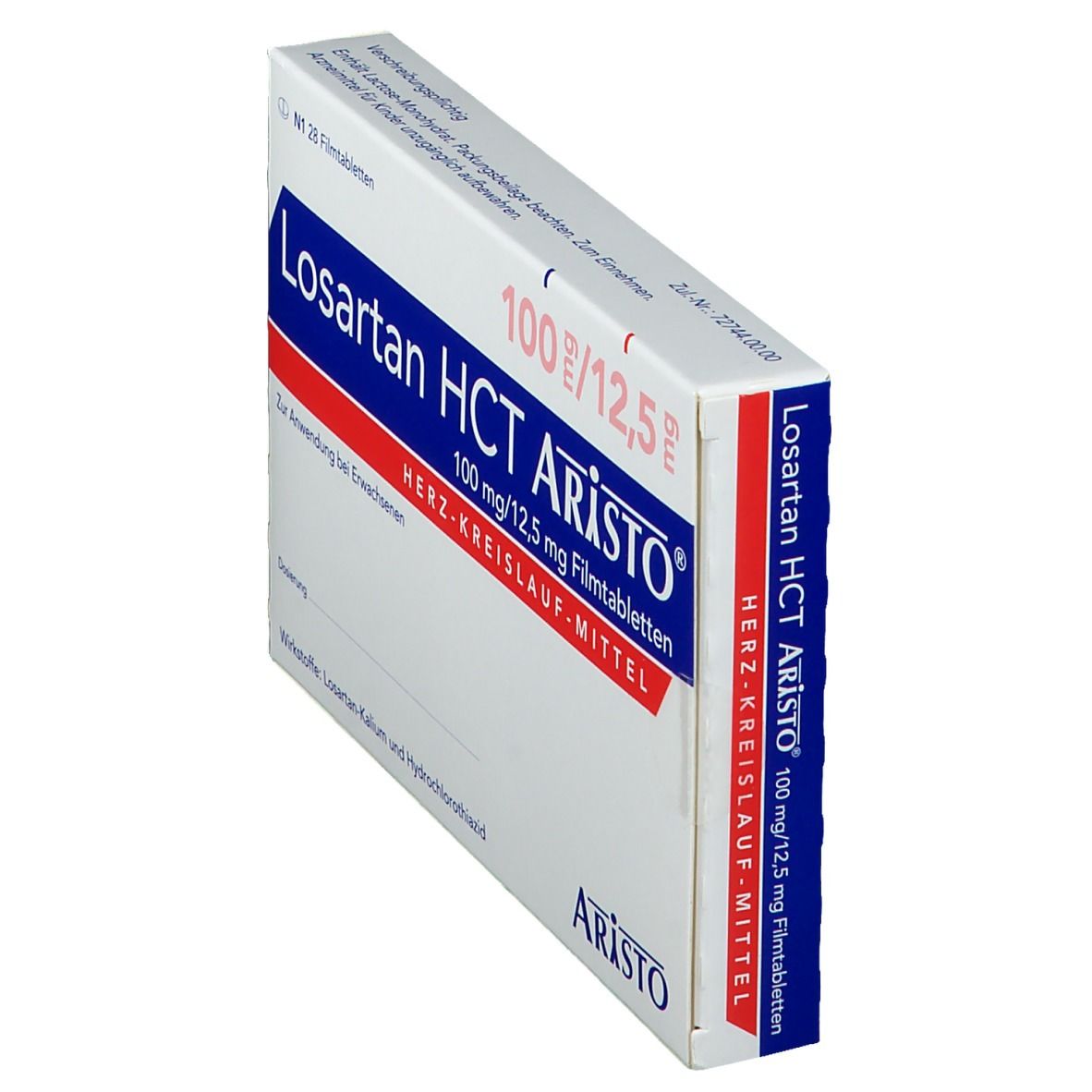 Schachtel Losartan HCT Aristo® 100mg/12,5mg. Aufschrift: Losartan HCT Aristo®, 100 mg/12,5 mg. Rote und blaue Akzente. Perspektivische Ansicht.