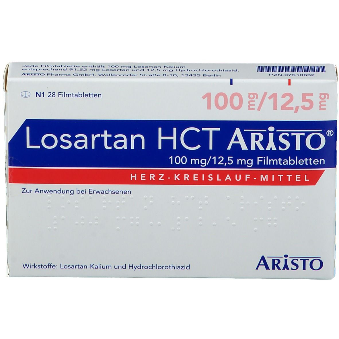 Schachtel Losartan HCT Aristo® 100mg/12,5mg Filmtabletten. Aufschrift: Losartan HCT Aristo®, 100 mg/12,5 mg. Rote und blaue Akzente.