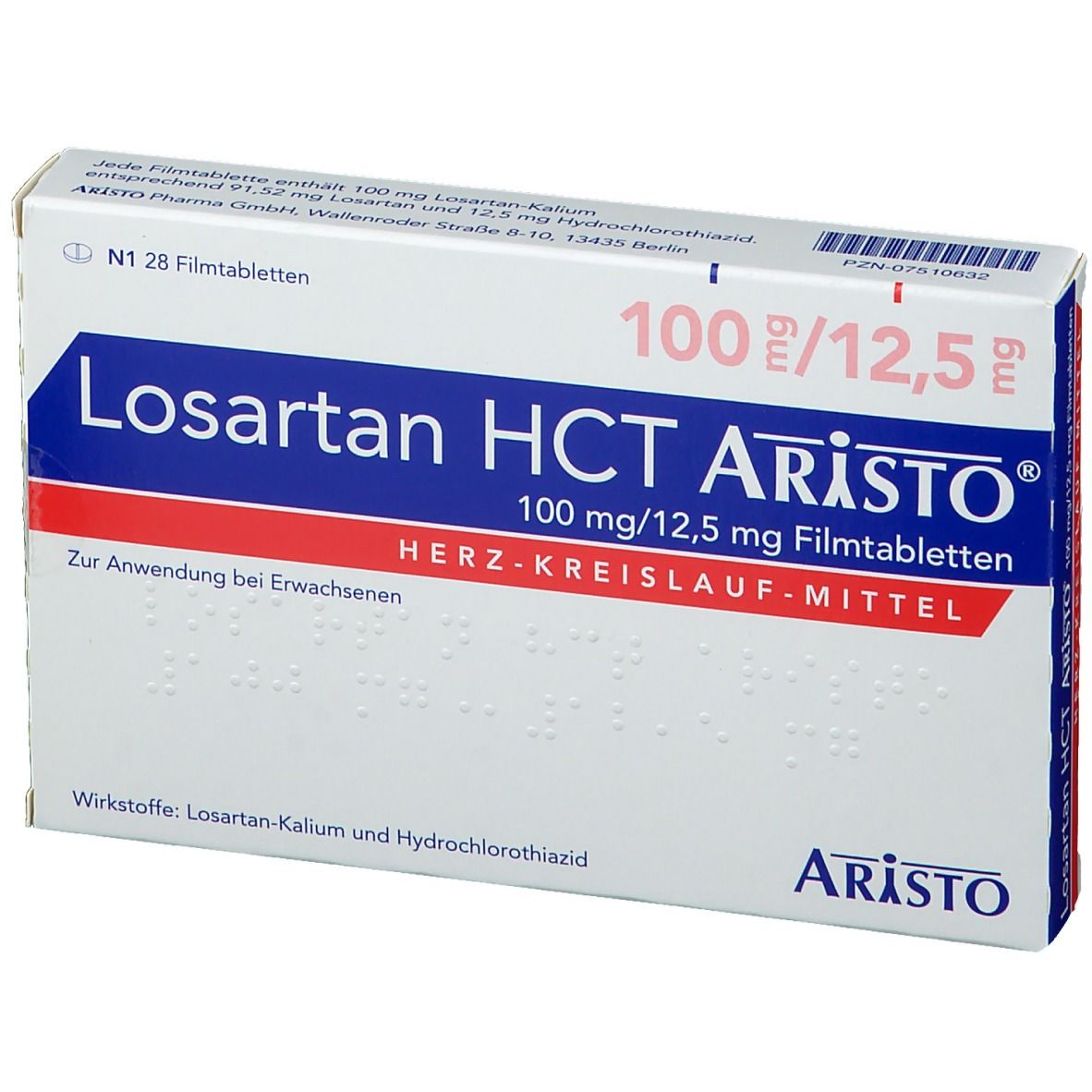 Schachtel Losartan HCT Aristo® 100mg/12,5mg Filmtabletten. Aufschrift: Losartan HCT Aristo®, 100 mg/12,5 mg. Rote und blaue Akzente.