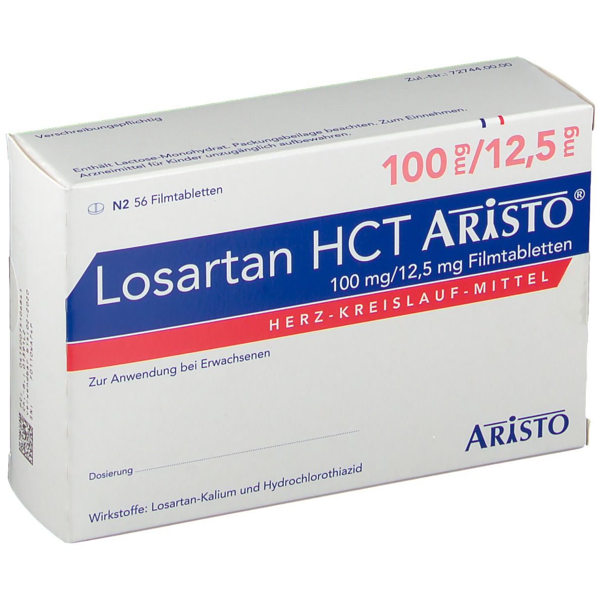 Schachtel Losartan HCT Aristo® 100mg/12,5mg Filmtabletten. Aufschrift: Herz-Kreislauf-Mittel. Enthält 56 Filmtabletten.