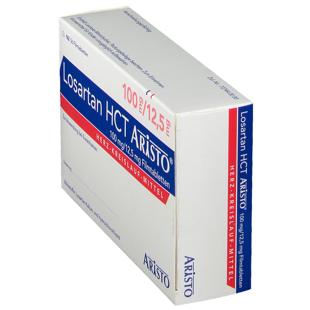 Schachtel Losartan HCT Aristo® 100mg/12,5mg Filmtabletten. Aufschrift: Herz-Kreislauf-Mittel. Aristo-Logo.