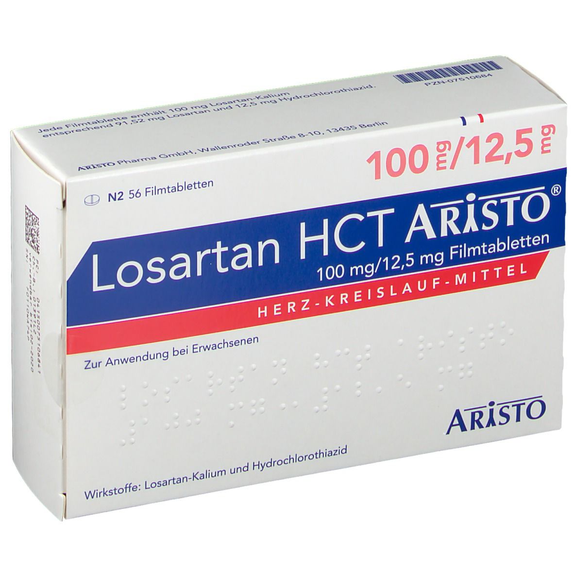 Schachtel Losartan HCT Aristo® 100mg/12,5mg Filmtabletten. Aufschrift: Herz-Kreislauf-Mittel. Enthält 56 Filmtabletten.